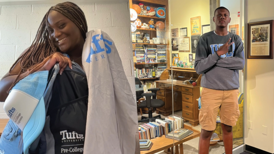 Side by side photo of two students. One, a female student, poses with Tufts-branded gear. The other, a male student, poses in a dorm room.