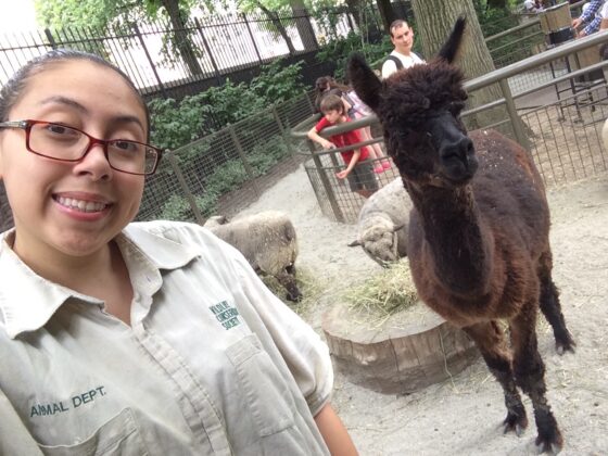 Tiffany Gallegos wearing a white shit works at zoo with animals.
