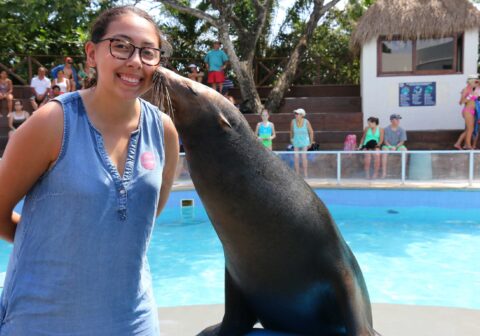 Tiffany Gallegos gets kissed by a sea lion at her internship at Central Park.