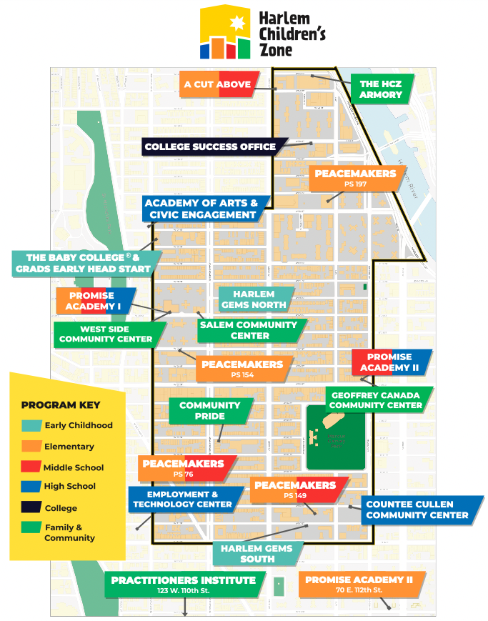 A color-coded map of Harlem Children's Zone locations.