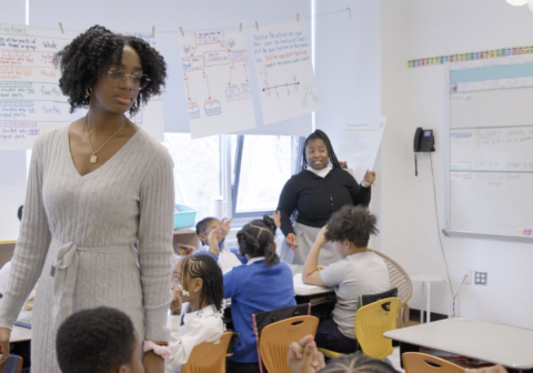 Teachers Janel Strother and Latasha Bryan teach students in their classroom.