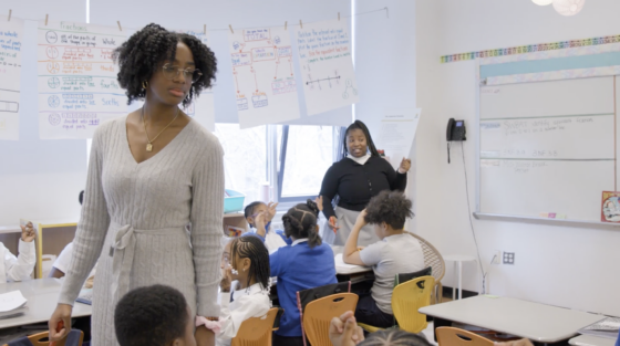 Teachers Janel Strother and Latasha Bryan teach students in their classroom.