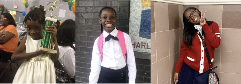 A triptych of photos. First, Shania Sanders as a very young student holding a trophy. Second, an adolescent Shania wearing a backpack. Third, a current photo of teenage Shania posing with a peace sign.