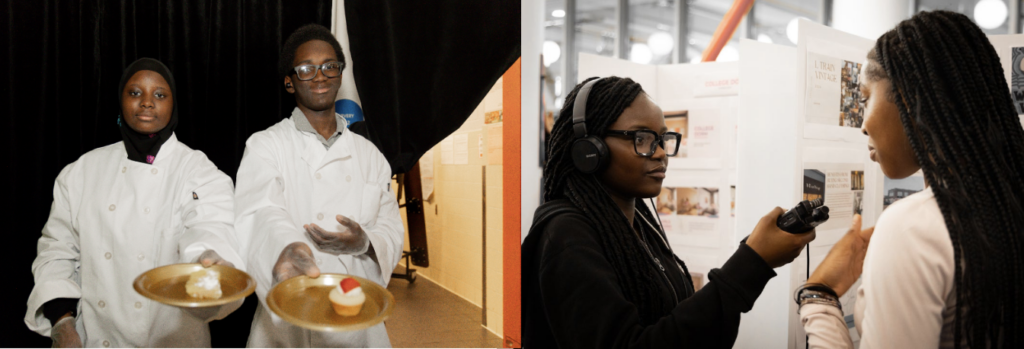 Two photos. In the first image, two students wearing chef uniforms hold plates with desserts on them. In the second image, one student interviews another student using a handheld audio recorder.